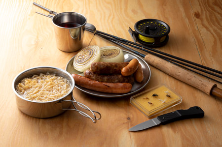 Camp Cooking Sausages and Instant Noodlesの写真素材