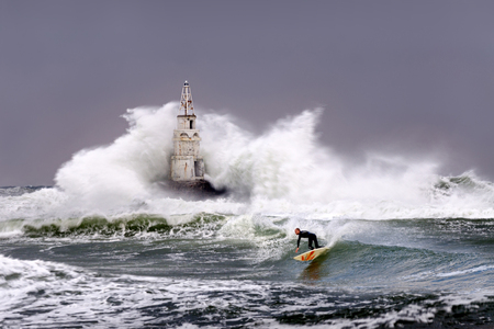 Storm in the Bay of Ahtopol and a surferの写真素材