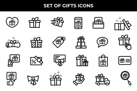 Simple Set of Gifts Related Vector Line Icons. Contains such Icons as Gift Card, Present Offer, Ribbon and more.のイラスト素材