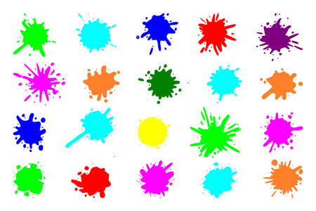 Color paint splatter. Colorful ink stains, abstract paints splashes and wet splats. Watercolor or slime stain vector set. Colorful stain and splash, splat messy, inkblot splashing illustrationのイラスト素材