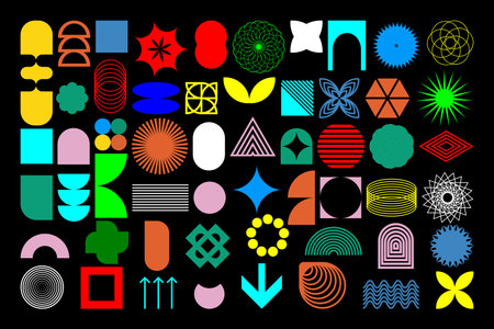 Bauhaus elements. Modern geometric abstract shapes in minimal style. Brutalism basic forms, lines, eye, circles and patterns, art vector set. Colorful figures and dots simple designのイラスト素材