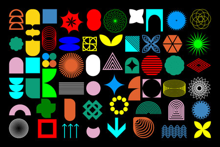 Bauhaus elements. Modern geometric abstract shapes in minimal style. Brutalism basic forms, lines, eye, circles and patterns, art vector set. Colorful figures and dots simple designのイラスト素材
