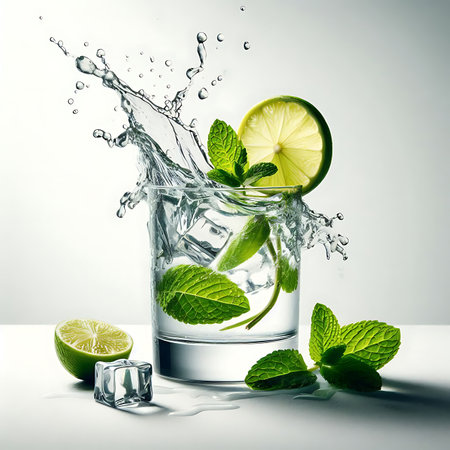 Fresh fruits falling into cocktail glass, splashing on white background.の写真素材