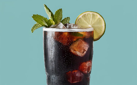 Soda with Ice. Close up of the ice cubes in cola water. Texture of carbonate drink with bubbles in...