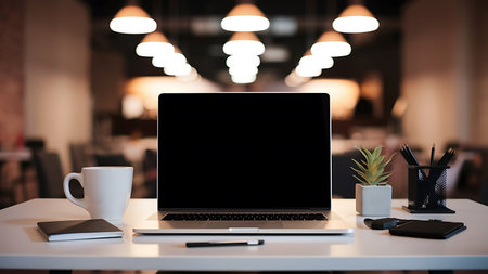 Front view laptop on white table. Nearby is document paper, pencil holder. In modern office workplace.の写真素材