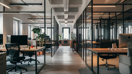Panorama view inside office in skyscraperの写真素材