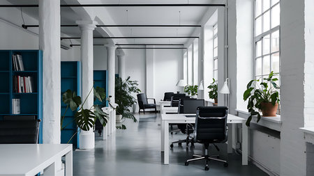 Modern white and blue open space office interiorの写真素材