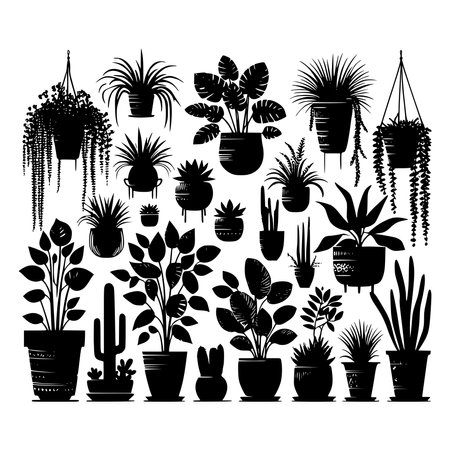 A black and white vector illustration featuring an assortment of potted houseplants and cacti in silhouette form. Perfect for botanical themes, indoor garden designs, and minimalist decor projects.のイラスト素材