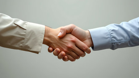Businessmen handshake at a business meeting, symbolizing partnership and collaboration. Ideal for illustrating business agreements and professional partnerships. Copy space for your message.の写真素材