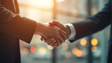 Businessmen handshake at a business meeting, symbolizing partnership and collaboration. Ideal for illustrating business agreements and professional partnerships. Copy space for your message.の写真素材