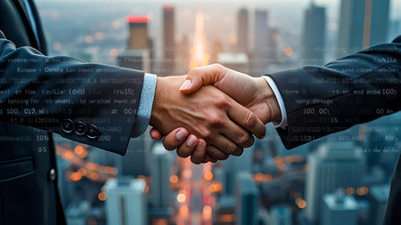 Businessmen handshake at a business meeting, symbolizing partnership and collaboration. Ideal for illustrating business agreements and professional partnerships. Copy space for your message.の写真素材