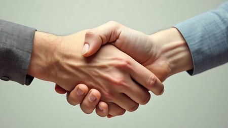 Businessmen handshake at a business meeting, symbolizing partnership and collaboration. Ideal for illustrating business agreements and professional partnerships. Copy space for your message.の写真素材