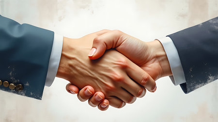Businessmen handshake at a business meeting, symbolizing partnership and collaboration. Ideal for illustrating business agreements and professional partnerships. Copy space for your message.の写真素材