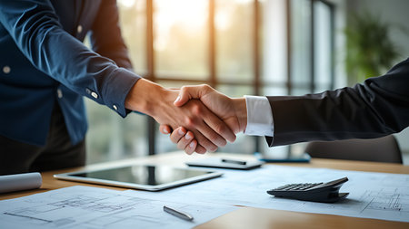 Businessmen handshake at a business meeting, symbolizing partnership and collaboration. Ideal for illustrating business agreements and professional partnerships. Copy space for your message.の写真素材