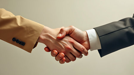 Businessmen handshake at a business meeting, symbolizing partnership and collaboration. Ideal for illustrating business agreements and professional partnerships. Copy space for your message.の写真素材