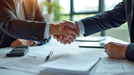 Businessmen handshake at a business meeting, symbolizing partnership and collaboration. Ideal for illustrating business agreements and professional partnerships. Copy space for your message.の写真素材
