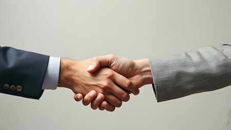 Businessmen handshake at a business meeting, symbolizing partnership and collaboration. Ideal for illustrating business agreements and professional partnerships. Copy space for your message.の写真素材