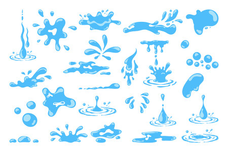 Cartoon blue dripping water drops, splashes, sprays and tears. Liquid flow, wave, stream and puddles. Nature water motion shapes vector set. Illustration of rain water drop, liquid splashのイラスト素材