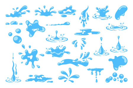 Cartoon blue dripping water drops, splashes, sprays and tears. Liquid flow, wave, stream and puddles. Nature water motion shapes vector set. Illustration of rain water drop, liquid splashのイラスト素材