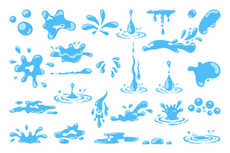 Cartoon blue dripping water drops, splashes, sprays and tears. Liquid flow, wave, stream and puddles. Nature water motion shapes vector set. Illustration of rain water drop, liquid splashのイラスト素材