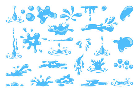 Cartoon blue dripping water drops, splashes, sprays and tears. Liquid flow, wave, stream and puddles. Nature water motion shapes vector set. Illustration of rain water drop, liquid splashのイラスト素材