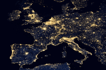 City lights on world map. Europe. Elements of this image are furnished by NASA