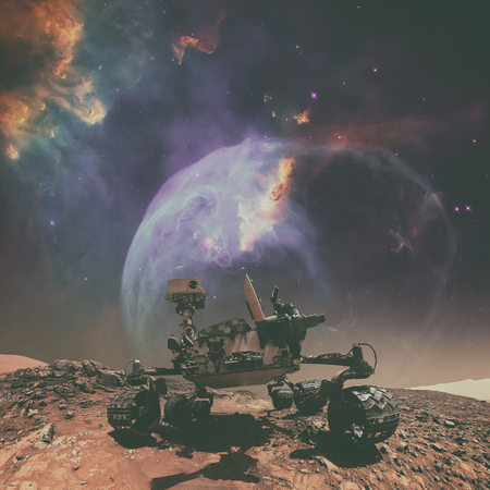 Curiosity rover exploring the surface of Mars. Elements of this image furnished by NASA.の写真素材