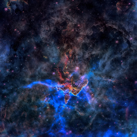 Mystic Mountain. Region in the Carina Nebula imaged by the Hubble Space Telescope. Stars inside the pillar fire off gas jets streaming from towering peaks. Elements of this image furnished by NASA.の写真素材