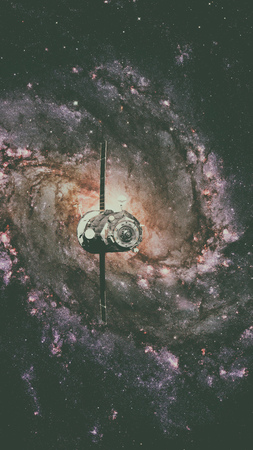 Spacecraft Progress orbiting the spiral galaxy.の写真素材