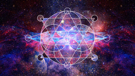Abstract cosmos geometric background with polygons, triangles, stars and nebula. Polygonal...