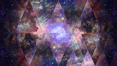 Universe, nebula, galaxy and the sacred geometry collage. Abstract outer space.の写真素材
