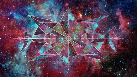 Abstract hipster geometric background with triangles, circles, nebula, stars and galaxy.