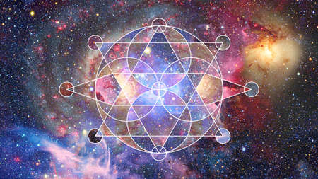Abstract hipster geometric background with triangles, circles, nebula, stars and galaxy.