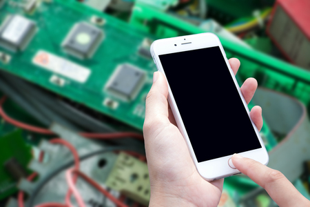 woman hand hold and touch screen smart phoneの写真素材