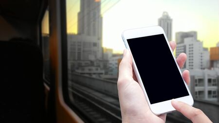 woman hand hold and touch screen smart phoneの写真素材