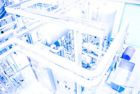 Chemical laboratory equipment. Chemical laboratory background. Blue toned.