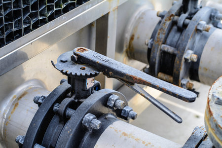 pipes and valves of oil and gas plant, closeup of photoの写真素材