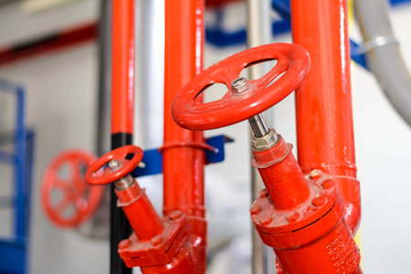 Red water pipes and valves in a water treatment plant, closeup of photo