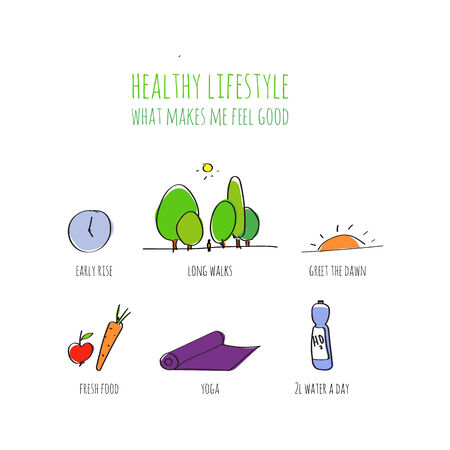 Healthy lifestyle infographic. doodle hand drawn illustration.のイラスト素材