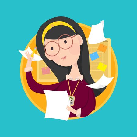 Vector illustration of woman wear glasses working with pencil and paper in hand. Board and memo in background.のイラスト素材