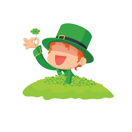 Vector illustration of Lucky Leprechaun Found a Four-Leaf Clover in Clover Field for St. Patrick's Dayのイラスト素材