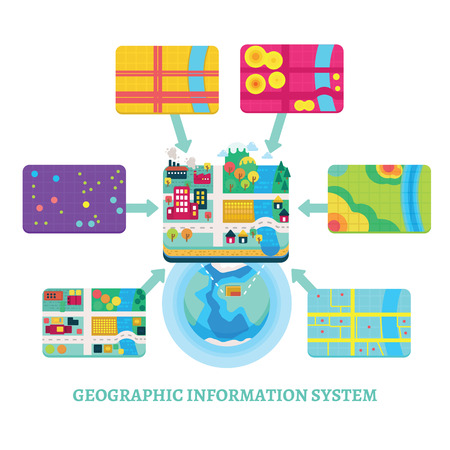 Vector Illustration of GIS Spatial Data Layers Concept for Info Graphic, Data Organization, Geographic Information Systemのイラスト素材