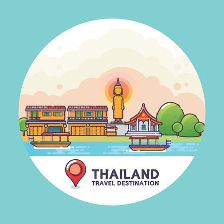 Vector Illustration of Thailand Travel Destination Colorful Detailed Skyline for Poster, Icon, Banner,Postcard. Trendy Linear Styleのイラスト素材