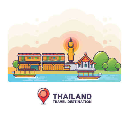 Vector Illustration of Thailand Travel Destination Colorful Detailed Skyline for Poster, Icon, Banner,Postcard. Trendy Linear Styleのイラスト素材