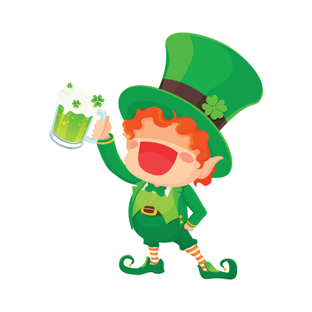 Vector Illustration of St. Patrick's Day Happy Leprechaun With Mug of Green Beer for Greeting Card.のイラスト素材