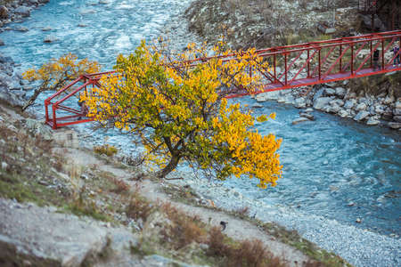 A vertical shot of a red metal bridge over a mountain river with yellow leavesの写真素材