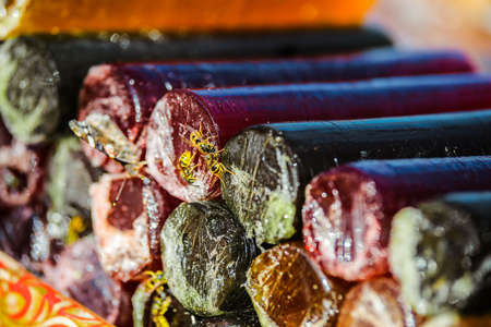 Close-up of a group of colorful candies in the marketの写真素材