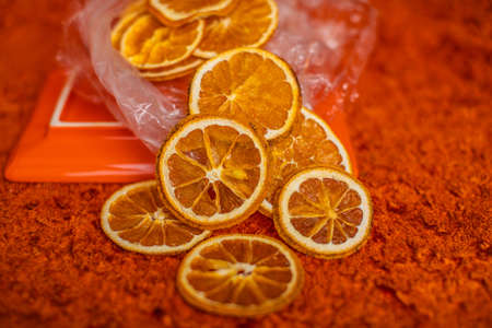 Group of slices oranges on orange background,top view