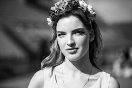 Black and white photo. Beautiful girl posing in urban locationsの写真素材