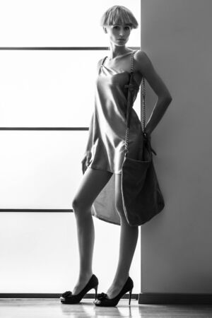 Elegant beautiful blonde woman posing in studio, wearing fashionable dressの写真素材